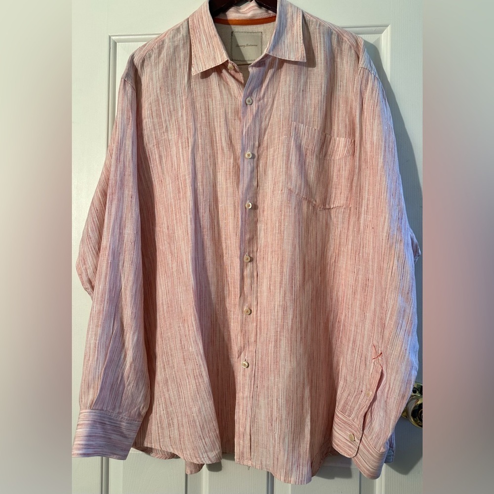TOMMY BAHAMA Men’s XXL Long Sleeve 100% Linen Pink Gradient Pinstripe PRISTINE